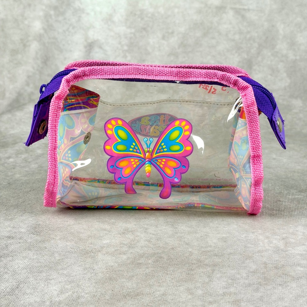 Vintage Lisa Frank Butterfly Clear Vinyl Cosmetic Bag Makeup Pouch Pink Purple